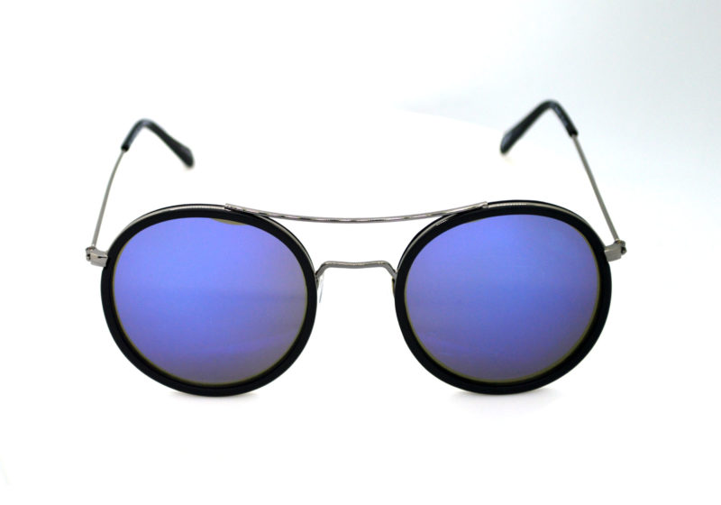 Shady Silver Finish Black Round Sunglasses with Blue Tint 2
