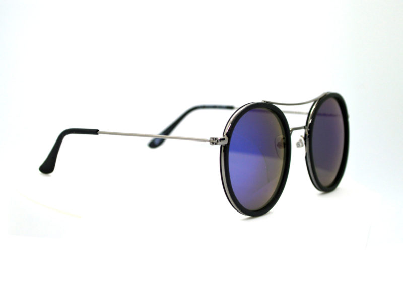 Shady Silver Finish Black Round Sunglasses with Blue Tint 1